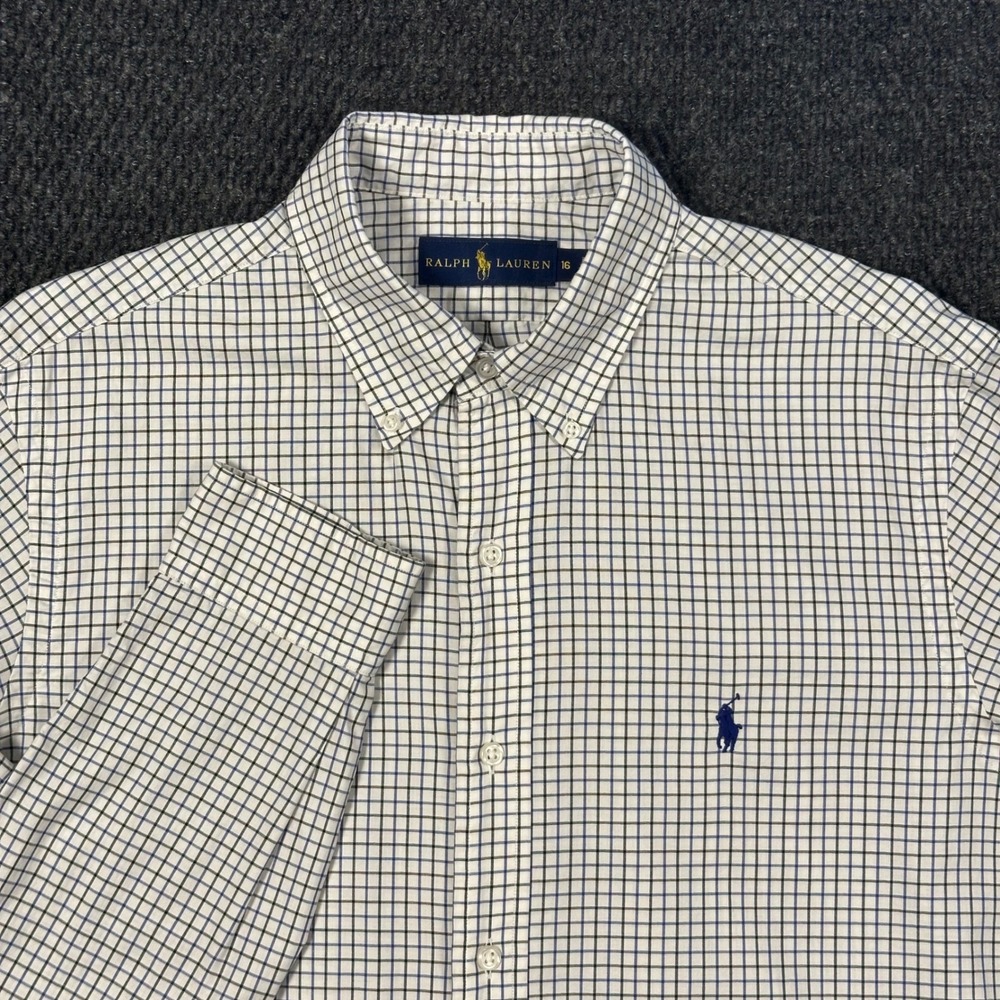 Polo Ralph Lauren Dress Shirt Mens 16 White Blue Check Long Sleeve Navy Pony